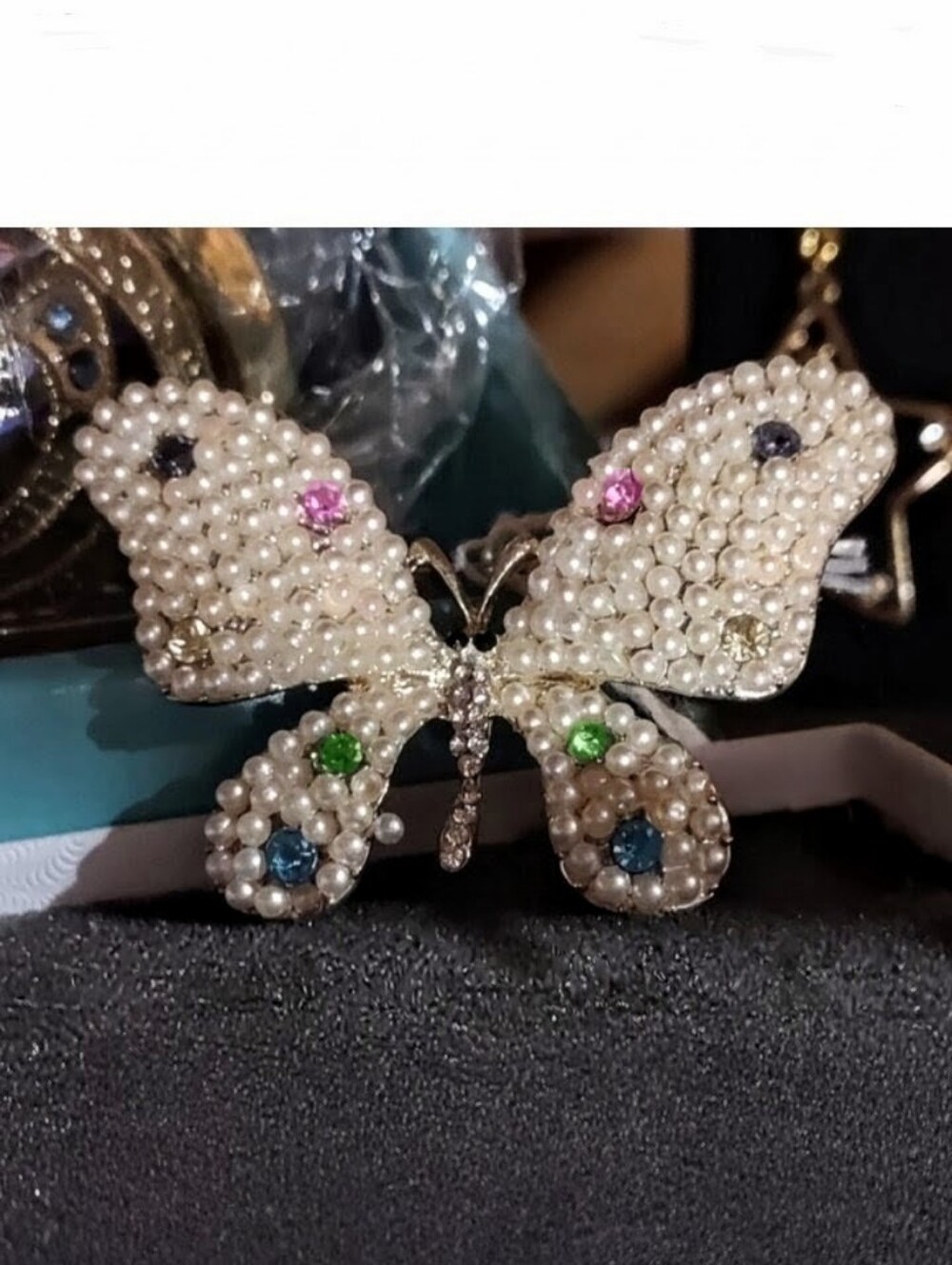 Ivory White Pearl Beaded Butterfly Brooch With Rhinestone Crystals